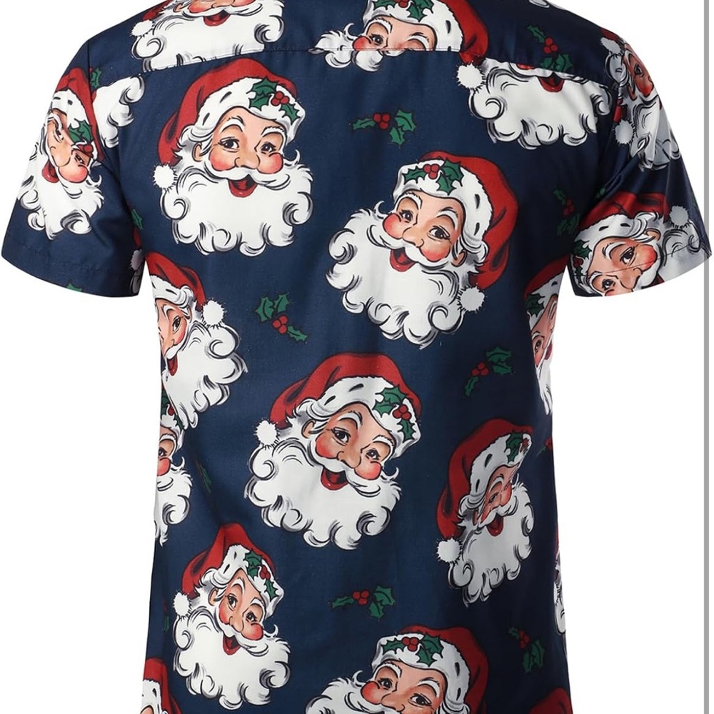 Festive Santa Print Button Down Shirt - Navy - Picture 4 of 5